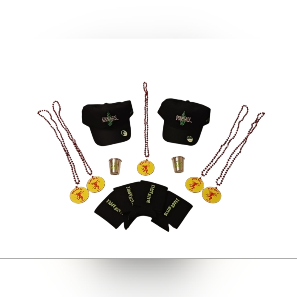 '26 Fireball Flaming Apple Shot Cup x Mardi Gras Bead x Koozie x Hat 16pc Set